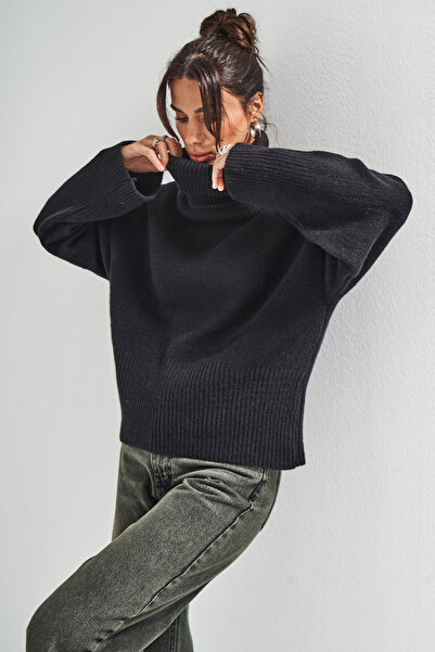 its basic Kadın Siyah Renk w5-1 Balıkçı Yaka Bol Kesim Örme Triko Kazak