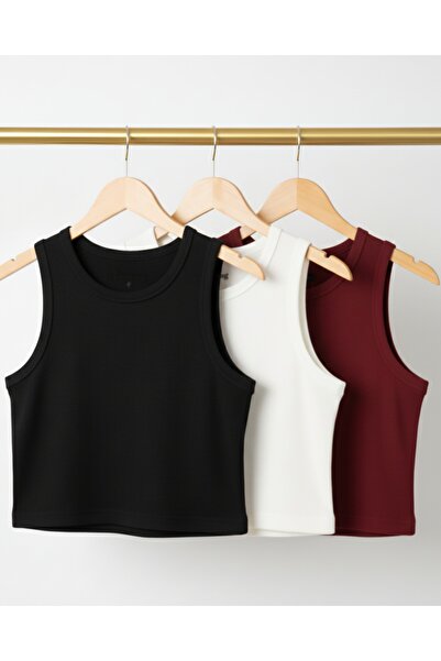 bumerangspor Women's Ribbed Knit Fabric Wide Strap Crop 3-Piece Set