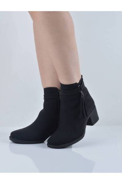 Şanslı Ayakkabıcılık Siyah Süet Yandan Püsküllü Kalın Topuk Bot