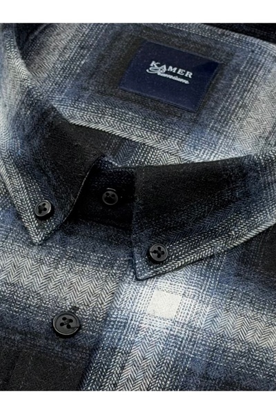 KAMER Men's Oversized (Plus Size) Winter Long Sleeve Button-Up Collar Single Pocket Plaid Navy Blue Shirt 3558L