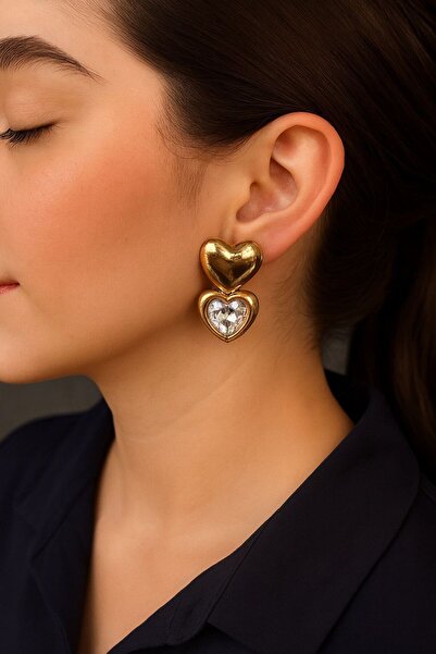 TURBİJ Gold Color Women's Earrings with Heart-Shaped Stone Detail