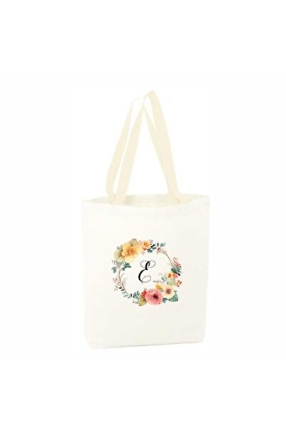 AFFIX THE DIFFERENT PERSPECTIVE White canvas shopping bag, long white handles, 34.5 x 38 cm, Flowers-Alphabet (letter E)