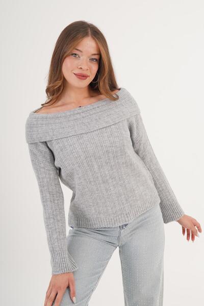 Hipo Trend Pulover de tricotat gri cu mânecă lungă în stil Carmen Yaka