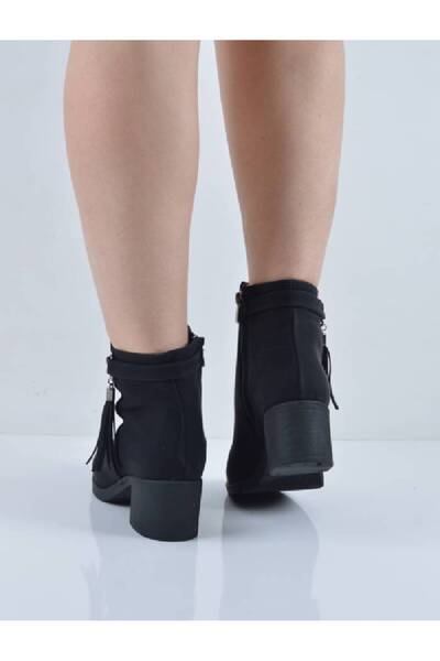 Şanslı Ayakkabıcılık Siyah Süet Yandan Püsküllü Kalın Topuk Bot