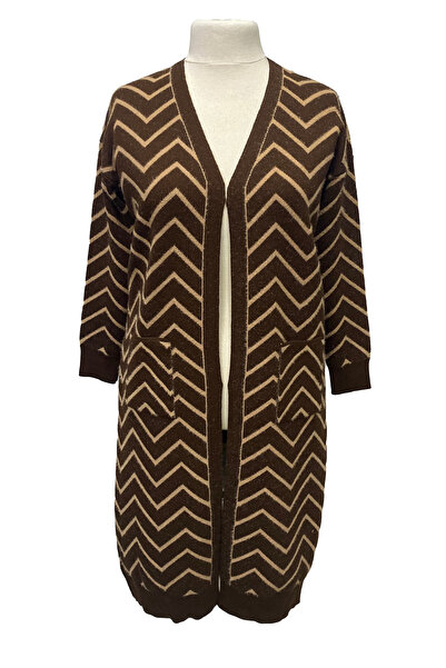 Giyinen Mağazaları Zambak Front Open Comfortable Fit Striped Double Pocket Low Sleeve Soft Knitwear Winter Cardigan