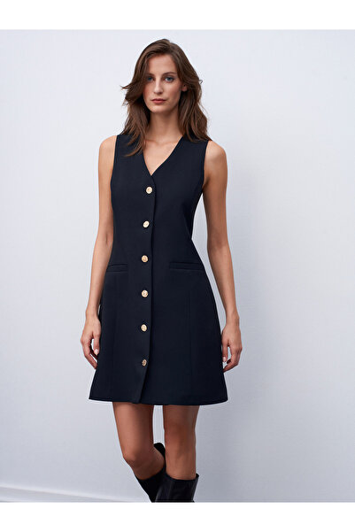 Dilvin 90930 V Yaka Düğmeli Elbise-Siyah