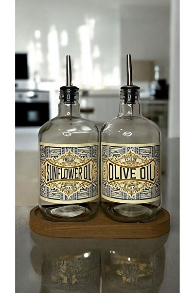 Frolde Home Ahşap Stantlı 2'li ÇelikTıpalı 750Ml Cam Ayçiçek Yağı Zeytinyağı Şişesi Yağdanlık Vintage Retro