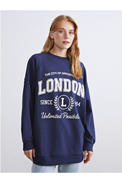 LC Waikiki Lcw Modestnavy Blue Printed Oversized Women's Sweatshirt Tunic