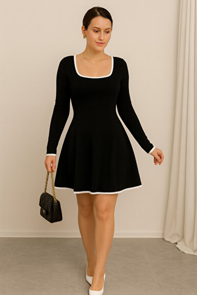 StilVibe Square Neck Long Sleeve Fitted Cut Black Dress Editor's Picks