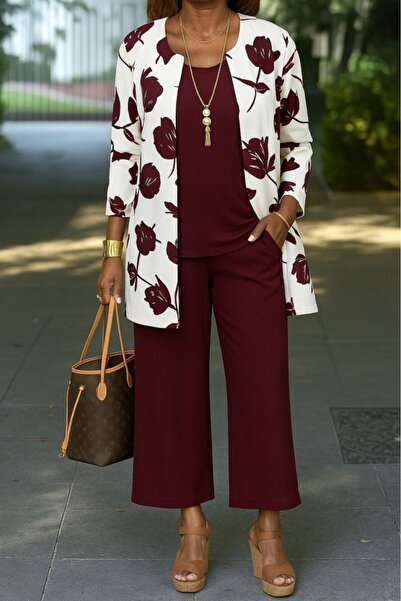 JANES Women's long sleeve open front modal jacket sleeveless viscose two-thread blouse and pants three-piece set