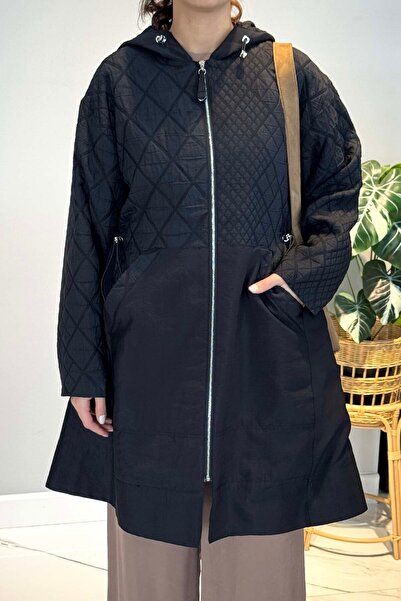 Ceremony Front Zippered Side Pocketed Diamond Quilted Short Cap Jacket 6819 Black