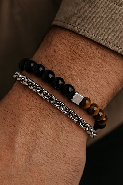 TAKIŞTIR Mixed Color Chain and Bead Detailed Steel Men's Bracelet