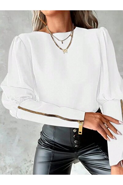 TUA MODA Tua Moda Women's Long Sleeve Crew Neck Zipper Detailed Imported Crepe Blouse