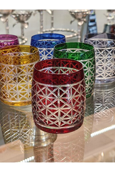 P&ORA PREMIUM KITCHEN PRODUCTS KESME KRİSTAL 6 Lİ RENKLİ SU BARDAĞI, VİSKİ BARDAĞI