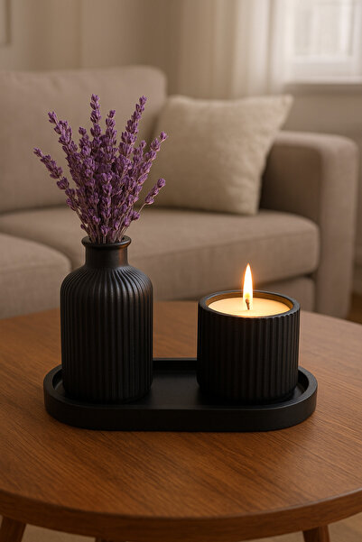 Store Siyah Fitilli Vazo, Mum ve Oval Tepsi 3'lü Set - Modern Dekoratif Ev Aksesuarı