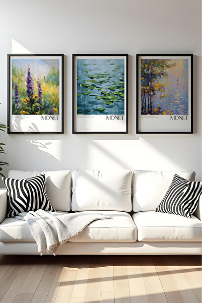 huhuli Ahşap Siyah Çerçeveli Claude Monet Tablo Seti Huhu558