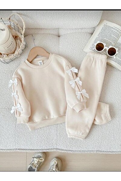 MORNİNG KİDS Kız Çocuk Bej Kurdele Detaylı Sweatshirt-Bol Kesim Eşofman Takım