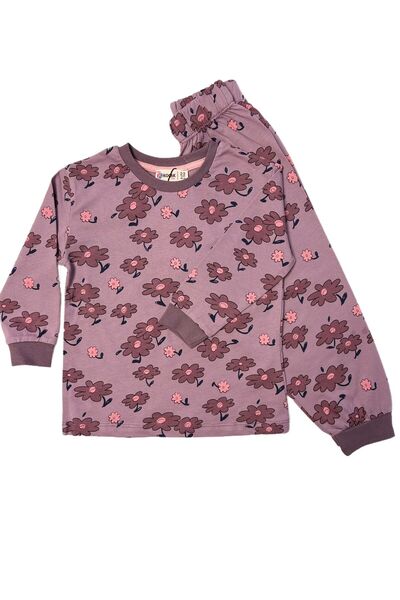 Koçak Kids Μωβ-ροζ λουλουδάτη βαμβακερή πιτζάμα για κορίτσια με ελαστική μέση