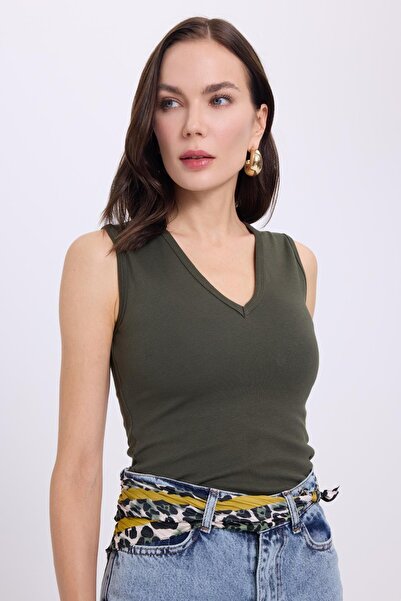 Tudors Women's Slim Fit Slim Fit V-Neck Zero Sleeve Cotton Ribbed Khaki Blouse