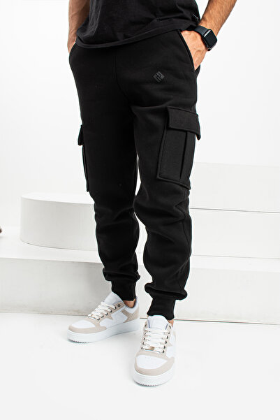 grand coco Ανδρικό παντελόνι με επένδυση fleece κλωστές, ελαστικό μαύρο παντελόνι πλαϊνή τσέπη πόδια