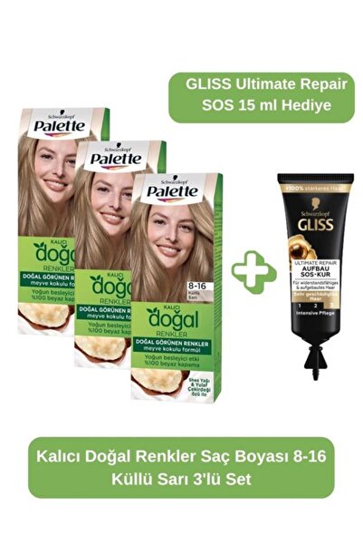 Palette Kalıcı Doğal Renkler Saç Boyası 8-16 Küllü Sarı 3'lü Set+Ultimate Rep...