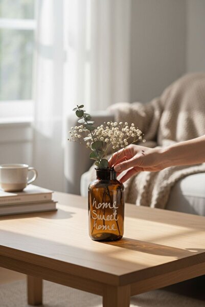 ANJEAHOME Cuiaba İskandinav Model Amber Cam Vazo | Home Sweet Home Yazılı Dek...