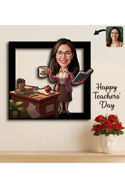 Bk Gift Kişiye Özel Kadın Öğretmen Karikatürlü 3D Ahşap Tablo -8, Öğretmene H...