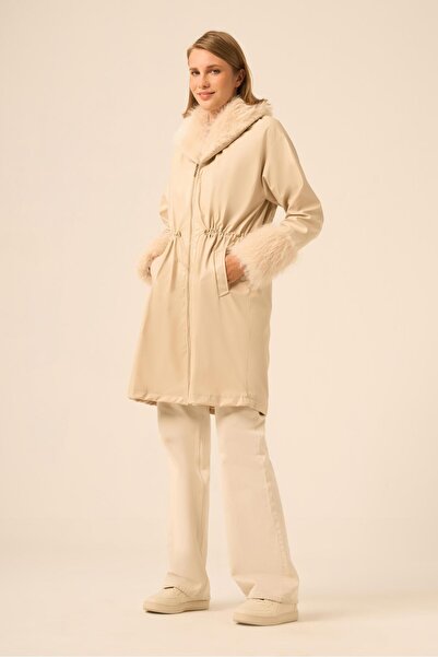 FTZ WOMEN Women's Fur Collar Leather Coat Beige 31242