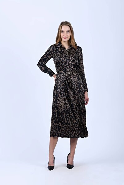 la luce Kahve Tokalı Leopar Elbise - LE430