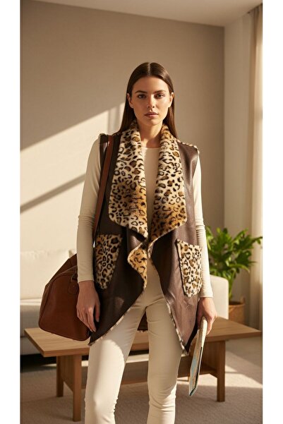 AGORATEKSTİL Жіночий оригінальний італійський леопардовий хутряний жилет