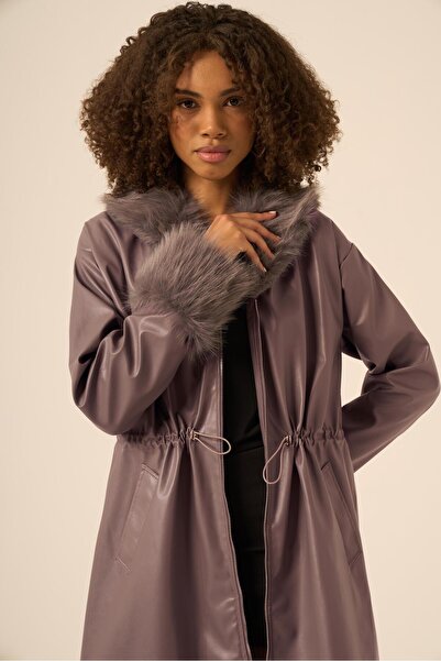 FTZ WOMEN Fur Collar Leather Coat Smoked 31242