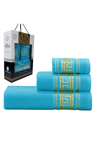 vita 3-Pc Turkish Cotton Towel Gift Set Lightweight & Soft Bath, Hand & Face Towels with Stylish Borders