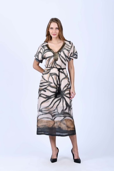 la luce Bej Yakası Boncuklu Uzun Elbise - LE559