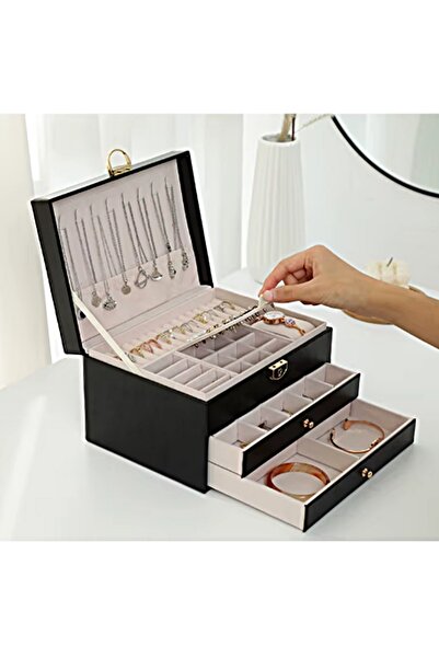 gaman Kadınlar için 3 Katmanlı Kilitli suni Deri Mücevher Kutusu Çıkarılabilir Tepsili Düzenleyici MK-24