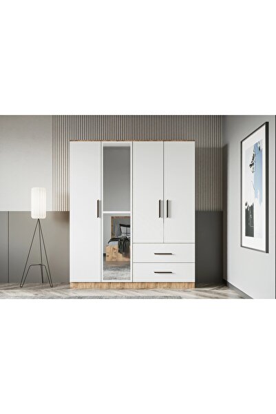 AVVİO Zita Serisi 4 Kapı 2 Çekmeceli Aynalı Gardrop Beyaz Ceviz