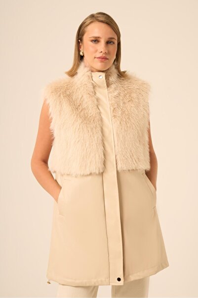 FTZ WOMEN Women's Plush Detail Leather Vest Beige 31243