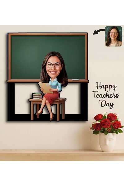 Bk Gift Kişiye Özel Kadın Öğretmen Karikatürlü 3D Ahşap Tablo -6, Öğretmene H...