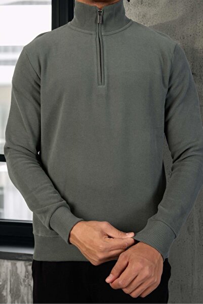Valiberta Lars Selanik Örme Kumaş Yarım Fermuar Erkek Sweatshirt - Çam Yeşili