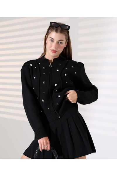 Blue Morpho Silver Stone Knitwear Zippered Crop Cardigan Above Skirt