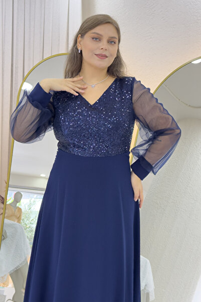 zks grup tekstil Жіноче прозоре плаття з паєтками на рукавах, великий розмір, вечірнє плаття, синє, темно-синє, чорне, зелене