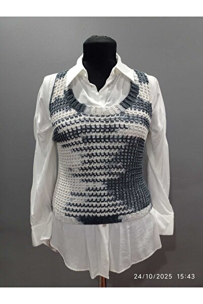 ELACA EL ÖRGÜSÜ MAVİ/BEYAZ DELİKLİ KADIN SÜVETER