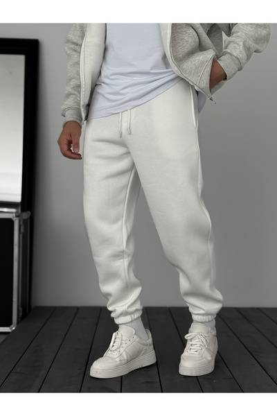 BYBASICMAN Λευκή αθλητική φόρμα επένδυση fleece με ελαστικό πόδι JJ-1406