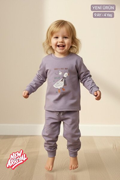 Kübra Tekstil Unisex Σετ αθλητικής φόρμας για μωρά και παιδιά από βαμβακερό ελαστικό ύφασμα Cute Goose με τύπωμα Λιλά Σετ 2 τεμαχίων επάνω και κάτω