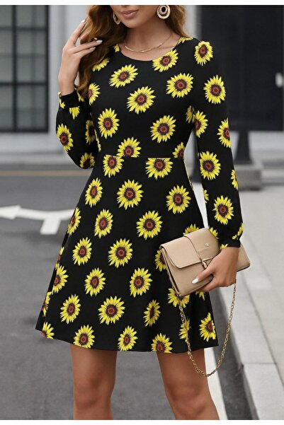 JANES Γυναικείο κοντό κρεπ φόρεμα με μακρυμάνικο λαιμόκοψη