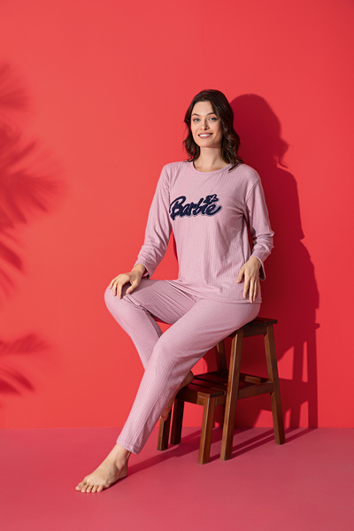 rindahomewear Women's Ribbed Embroidered Long Sleeve Pajama Set