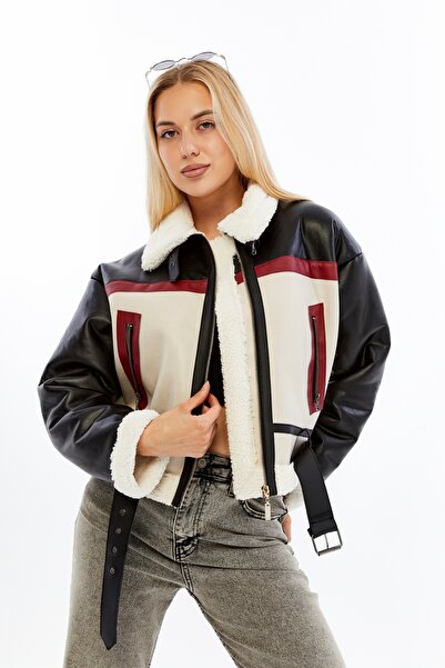 CHOS7N Kadın Beyaz Crop Mont Kürklü Tokalı Fermuarlı Streetwear Trend
