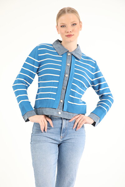 My City 81004 - Stylish Rhat Denim Paneled Women's Shirt Collar Knitwear Cardigan