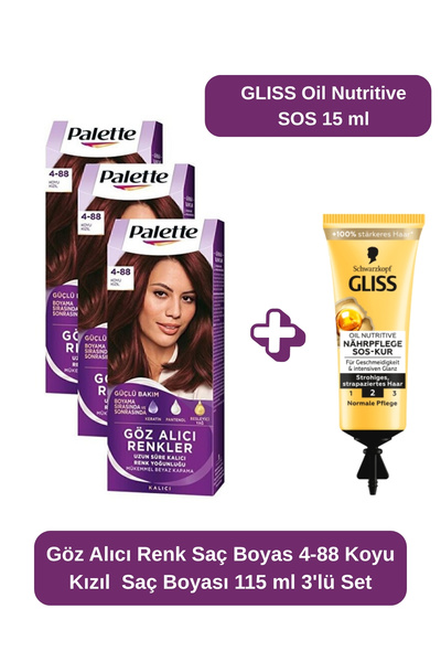 Palette Göz Alıcı Renkler Saç Boyası 4-88 Koyu Kızıl Saç Boyası 3'lü Set + Oi...