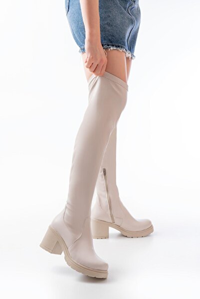 Aymood 767-3010 Beige Stretch Daily Thick Heeled Women's Boots