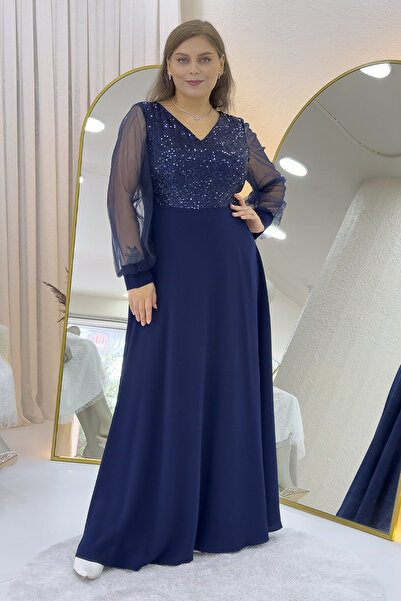 zks grup tekstil Жіноче прозоре плаття з паєтками на рукавах, великий розмір, вечірнє плаття, синє, темно-синє, чорне, зелене